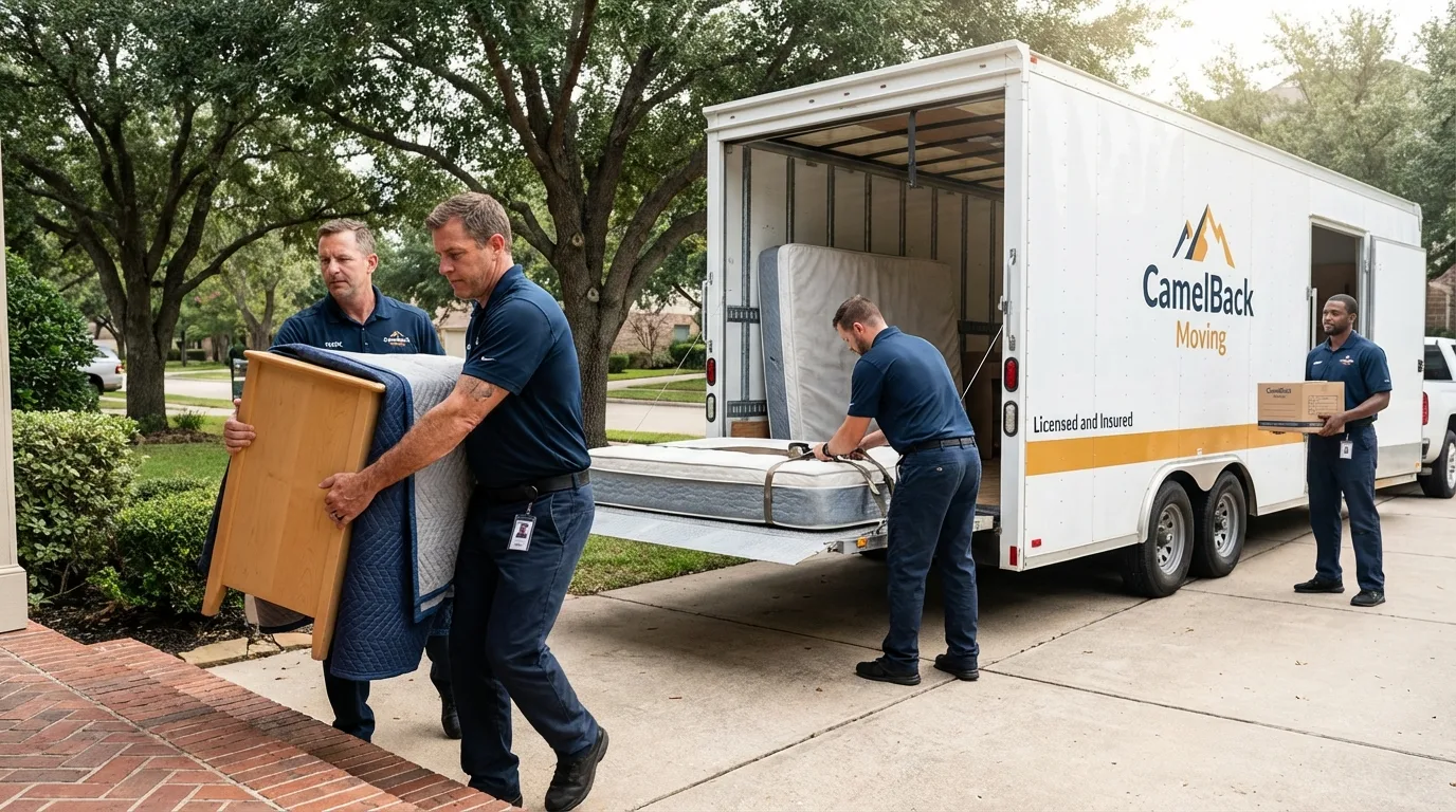 Crew loading residential truck for cross-state move from Oelwein, IA