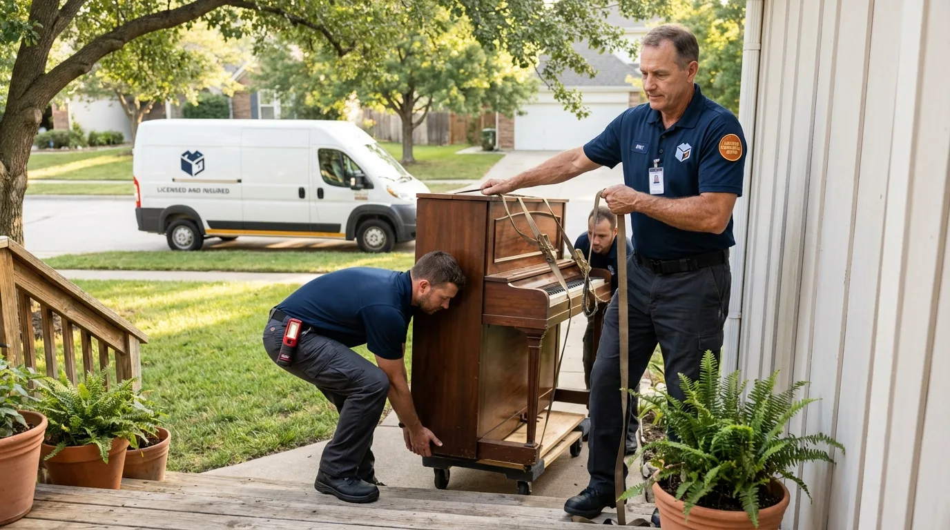 Licensed piano movers securing grand piano in Oelwein, IA