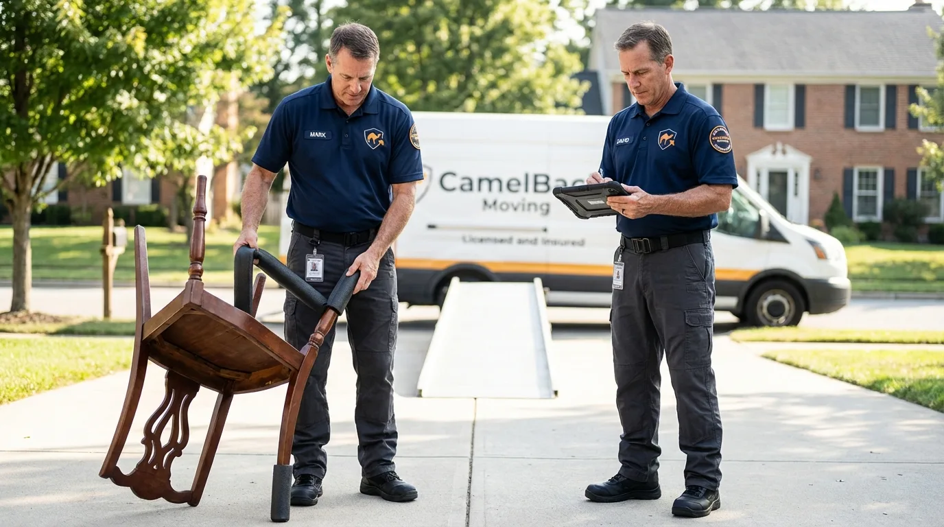 Movers inspecting furniture for damage prevention before loading in Oelwein, IA
