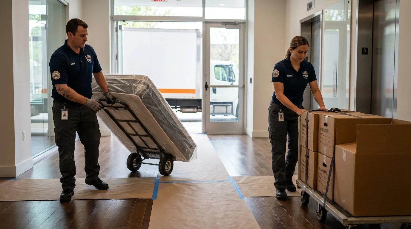 Professional apartment movers loading elevator in Oelwein, IA