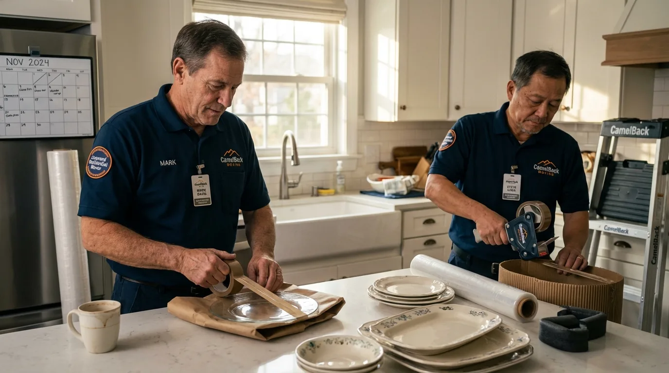 Professional crew packing kitchen dishware in Oelwein, IA